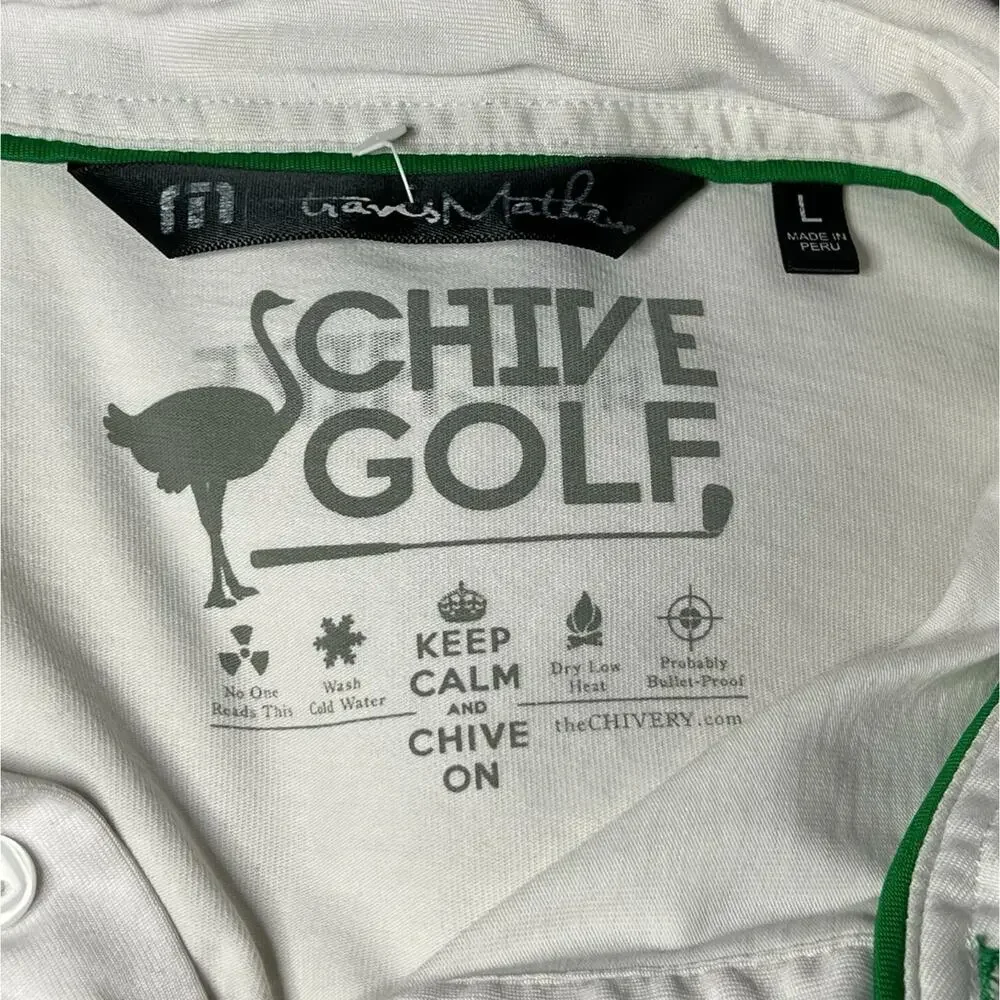 Travis Mathew Polo Shirt Mens Large White Green Chive Golf Performance Stretch‎